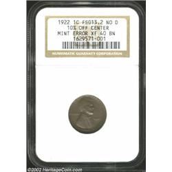 1922 No D 1C Strong Reverse Cent--10% Off Center--XF40 NGC. FS-013.2. Die Pair Two. One of the most.