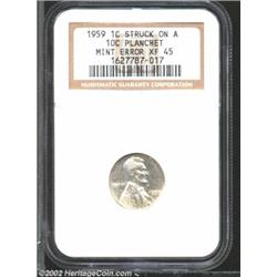 1959 1C Cent--Struck on a Dime Planchet--XF45 NGC. The surfaces have hints of mildly reflective fiel