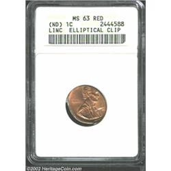 Undated 1C Lincoln Memorial Cent--Elliptical Clip--MS63 Red ANACS. This elliptical clipped planchet.