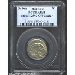 Undated 5C Philadelphia Mint Type Two Buffalo Nickel--Struck 25% Off Center--AU55 PCGS. Medium gray.