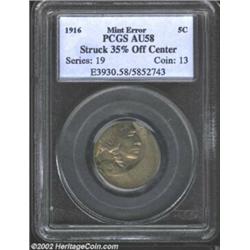 1916 5C Nickel--Struck 35% Off Center--AU58 PCGS. All four digits of the date are unaffected by this