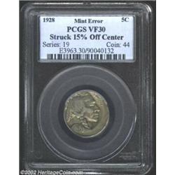 1928 5C Nickel--Struck 15% Off Center--VF30 PCGS. Light gray surfaces with a wide arc of empty flan.