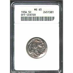 1936 5C Nickel--Off-Center--MS65 ANACS. Struck 10% off center at 2 o'clock. A brilliant and lustrous