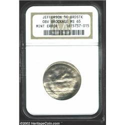 Undated 5C Jefferson Nickel--Broadstruck, Obverse Brockage--MS65 NGC. Struck between the reverse die