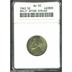 1942 5C Type One Nickel--Split After Strike--AU50 ANACS. Deep lilac and yellow-green patina. While t