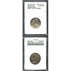 1943-S 5C Nickel--Broadstruck, Edge Filed, Cleaned--ANACS, AU Details, Net XF45, light yellow, gray,