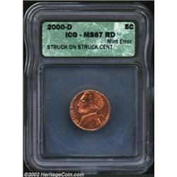 2000-D 5C Nickel--Struck on a Struck Cent--MS67 Red ICG. This dramatic double denomination error was