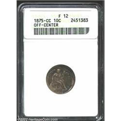 1875-CC 10C Mintmark Above Bow Dime--Off-Center--Fine 12 ANACS. Struck about 10% off center at 7 o'c