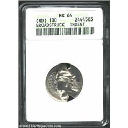 Undated 10C Roosevelt Dime--Broadstruck, Indent--MS64 ANACS. Another planchet intervened between the