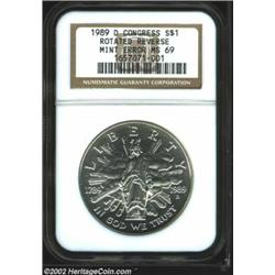 1989-D S$1 Congress Silver Dollar--Rotated Reverse--MS69 NGC. One of an estimated 200 pieces that we