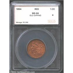 1854 1/2 C Half Cent MS64 Red Old Dipping SEGS. (MS63 Red and Brown, Questionable Color) The surface