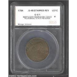 1794 1C Starred Reverse Cent Good 5/Poor 1 Bent, Light Marks, Obverse Good Plus, Basal State Reverse