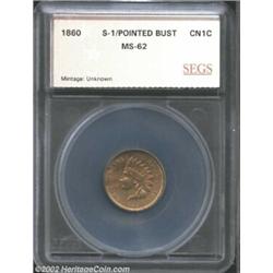 1860 1C Pointed Bust Cent MS62 SEGS (MS60). Snow-1. A few streaks of medium brown color are noted on