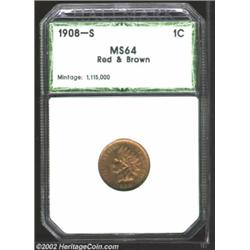 1908-S 1C Cent MS64 Red and Brown PCI. Mostly lustrous, the orange tinged luster displays some sligh