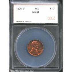 1926-S 1C Cent MS64 Red SEGS (MS64 Red and Brown). Mottled brown patina overlays the otherwise lustr