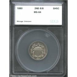 1880 5C Second 8/8 Nickel MS64 SEGS (MS63). Repunching is evident on the second 8 in the date. A sil