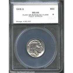 1918-S 5C Nickel MS64 Flaw on Buffalo's Flank, Fully Struck SEGS (MS63 Reverse Planchet Flaw). A lit