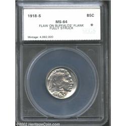 1918-S 5C Nickel MS64 Flaw on Buffalo's Flank, Fully Struck SEGS (MS63 Reverse Planchet Flaw). A lit