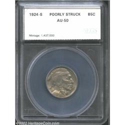 1924-S 5C Nickel AU50 Poorly Struck SEGS (AU50 Weakly Struck). Noticeably soft in striking detail, y