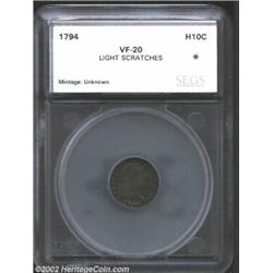 1794 H10C Half Dime VF20 Light Scratches SEGS (VF20 Scratches). V-4, LM-4, R.4. Low date. Deep rose.