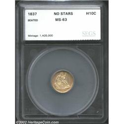 1837 H10C No Stars Half Dime MS63 SEGS (MS62). A suitable Mint State type candidate, the golden ting