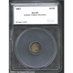 1867 H10C Half Dime AU50 Album Toned Obverse SEGS (XF45). The obverse has gold, electric-blue, and r