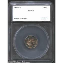 1897-S 10C Dime MS63 SEGS (MS62 Retoned). The borders have vivid navy-blue and rose-violet patina, w