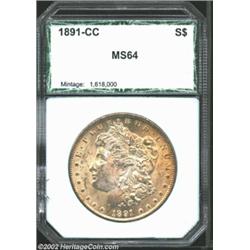 1891-CC S$1 Silver Dollar MS64 PCI (MS63). There is a dusting of mottled gold and champagne-gray iri