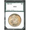 Image 1 : 1891-CC S$1 Silver Dollar MS64 PCI (MS63). There is a dusting of mottled gold and champagne-gray iri