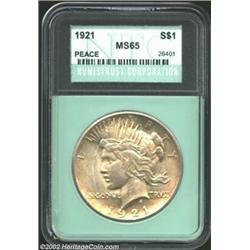 1921 S$1 Peace Dollar MS65 Numistrust Corporation (MS64). Some pale golden-copper iridescence blanke