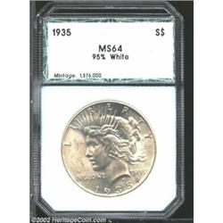 1935 S$1 Dollar MS64 95% White PCI (MS63 Cleaned). Wispy tan-gold patina. A sharply struck and lustr