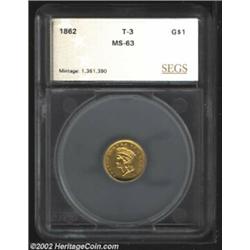 1862 G$1 Gold Dollar MS63 SEGS. (MS60 Cleaned) Although determined to have been cleaned by our in-ho