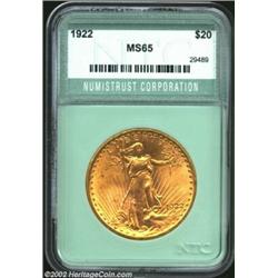 1922 $20 Double Eagle MS65 Numistrust Corporation (MS64). This lustrous example is rather well struc