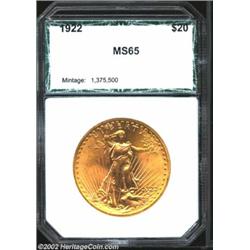 1922 $20 Double Eagle MS65 PCI (MS64). An orange-gold example, both sides are fully lustrous with sh