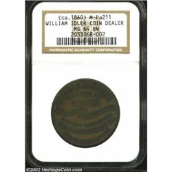 (ca. 1860) Idler Token MS64 NGC. M-Pa211, Baker-544A, R.7. The date is listed on the NGC insert, but