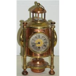 Late C19th / early C20th copper & brass cased clock, barometer & thermometer,...