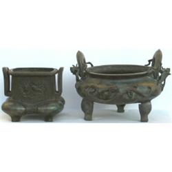 C19th bronze tripod censer with Chi dragon handles & 2 further Chi dragons to...