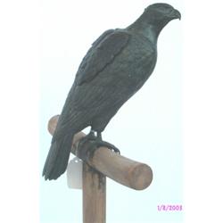 C19th Japanese bronze koro modelled as a hawk, on wooden 3-part T-shaped stand,...