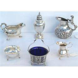 Edwardian HM silver pierced basket with swing handle & blue glass liner, Hukin...