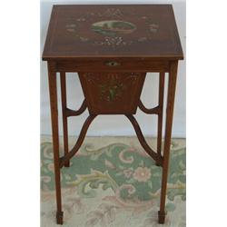 Edwardian mahogany & strung work table, the hinged lid with painted oval panel...