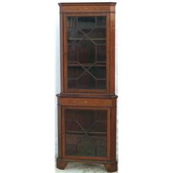 Edwardian mahogany & inlaid freestanding corner cabinet with astragal glazed...