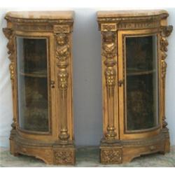 Pair of Victorian giltwood freestanding bowfronted corner display cabinets with...