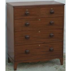 Mid C19th mahogany chest of 2 short & 3 long graduated drawers with turned...