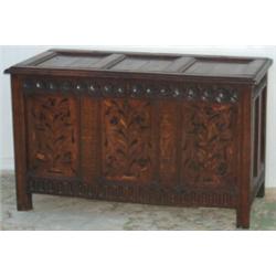 Charles I oak 3-panel coffer with initials 'F G` to the top, the front panels...