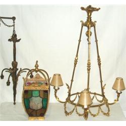 Early C20th gilt metal 3-light electrolier decorated with floral swags, 39.25ins. high (see illus...