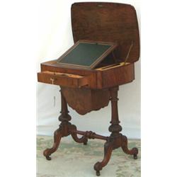 Mid Victorian figured walnut & marquetry inlaid work table, the hinged top...