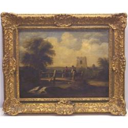 Peter Frith, mid C19th English - RURAL SCENE WITH FIGURES ON BRIDGE AND CHURCH...