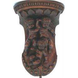 Late C19th / early C20th Continental carved walnut wall bracket decorated with 3 cherubs between...