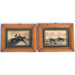 Pair of early C19th silhouettes reverse painted on glass - 'STEEPLECHASING...