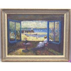 John Ambrose, b. 1931 - LADY SEATED BY OPEN WINDOWS WITH HARBOUR BEYOND - oil...